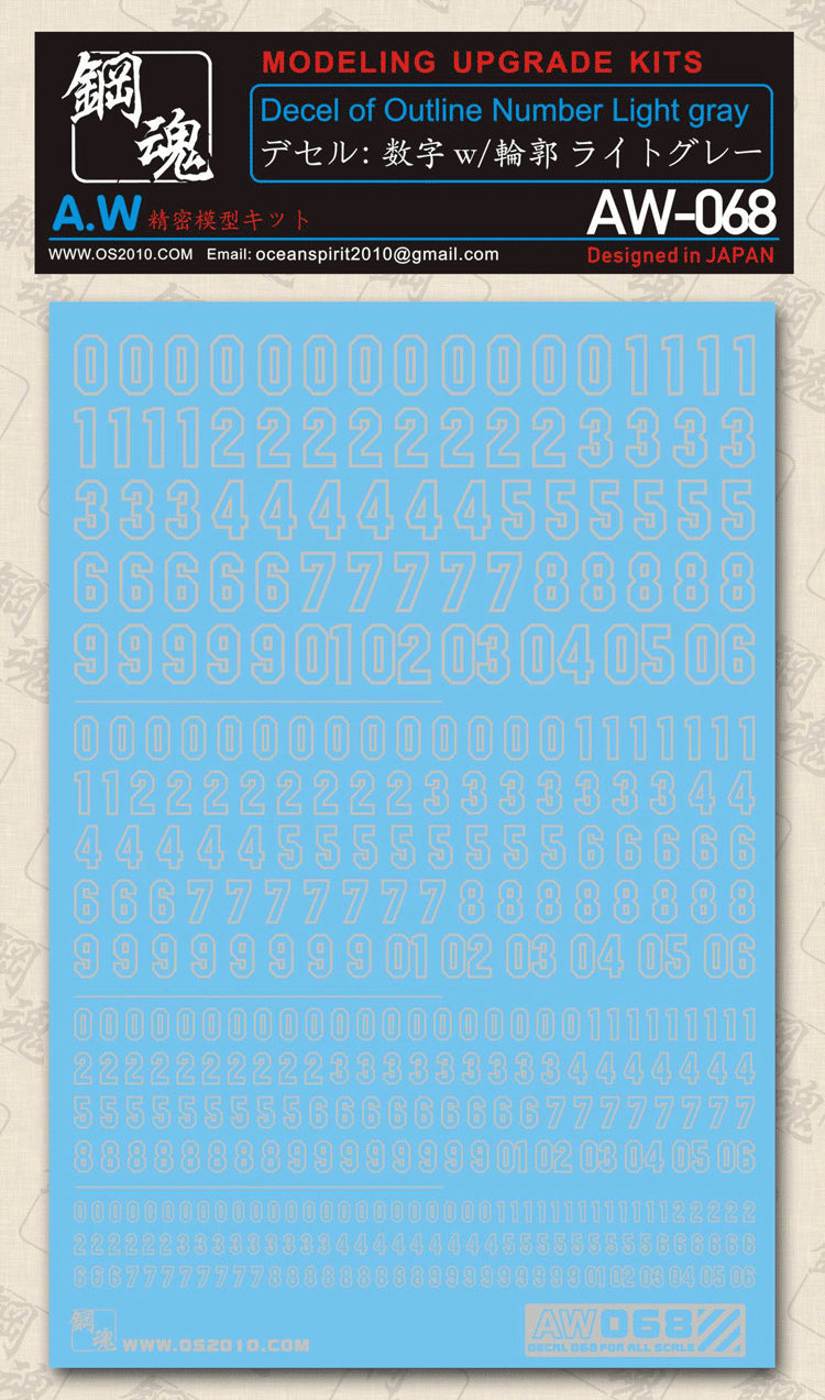 AW-068 Waterslide Decal: Numbers Type 01 (Light-Gray)