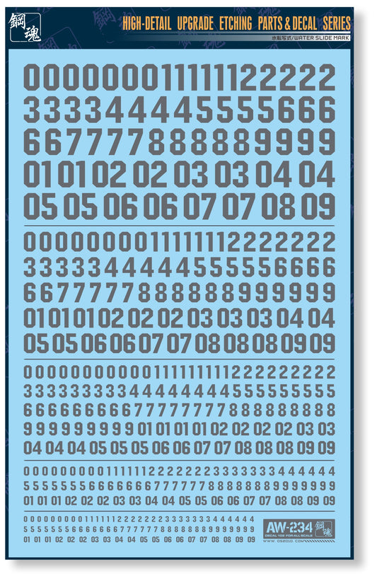 AW-234 WATERSLIDE DECALS: NUMBERS (GRAY)